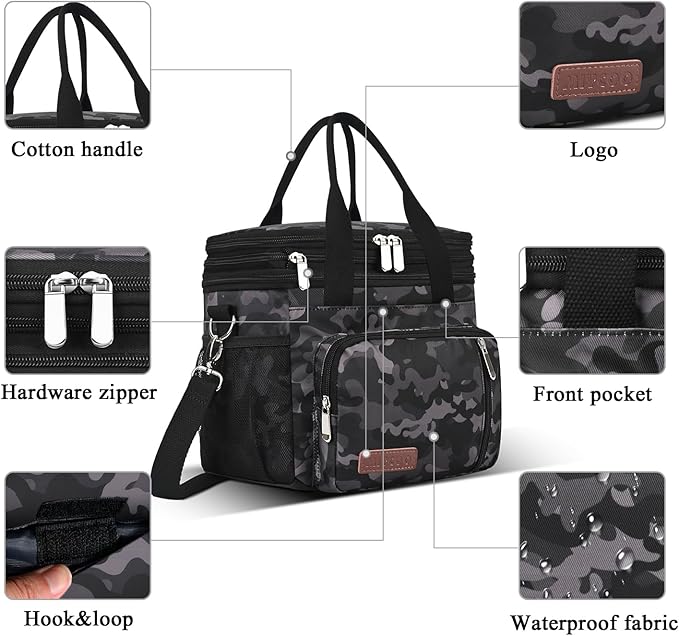MIYCOO Lunch Bag & Lunch Box for Men Women Double Deck - Leakproof Insulated Soft Large Adult Lunch Cooler Bag for Work (Black Camo,15L)