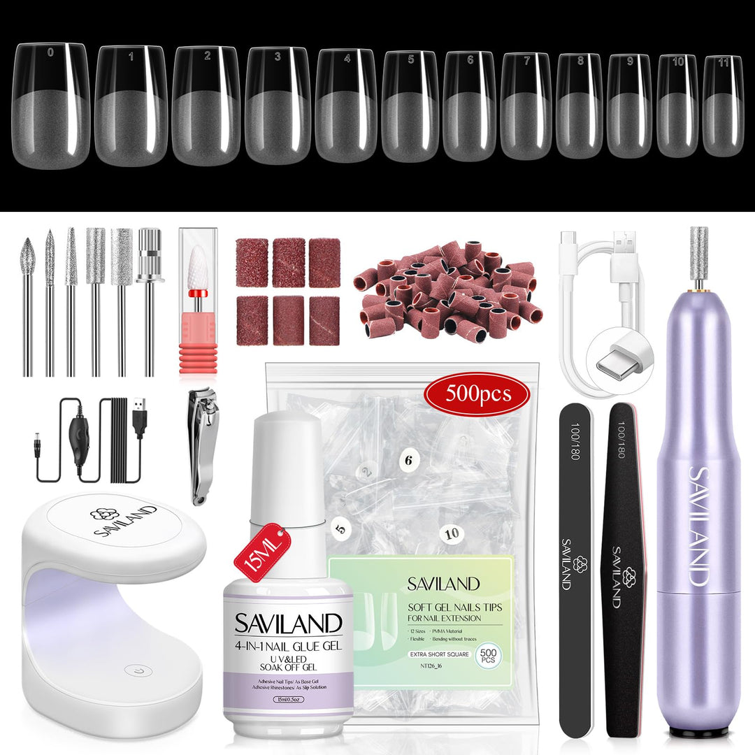 Saviland Gel Nail Kit Extra Short Square - Nail Drill Kit 500 Pcs Natural False Nail Tips For Acrylic Nails U V Nail Lamp Manicu
