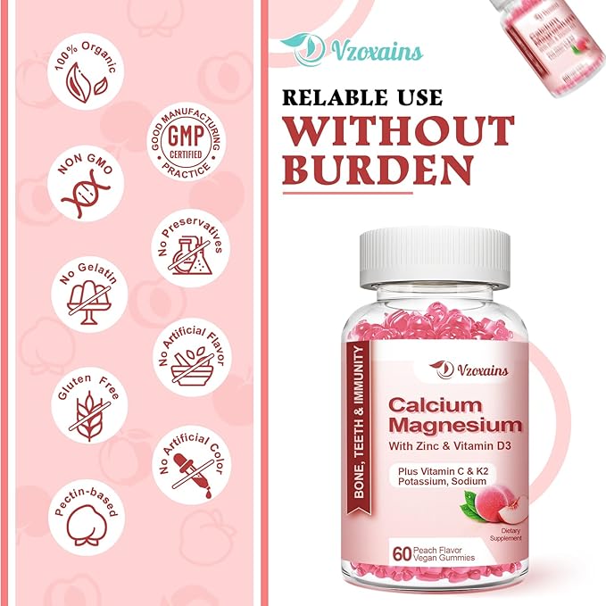 High Absorption Calcium Gummies, Sugar Free Calcium Magnesium Zinc Gummies with Vitamin D3 for Men and Women, Peach Flavored 60 Cts