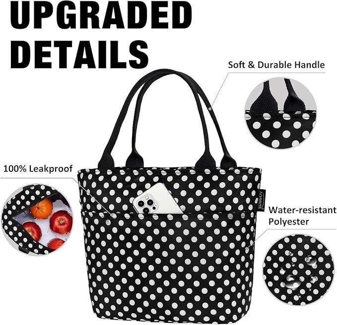 Aosbos Black Lunch Box for Women Lunch Bags for Adult Insulated Lunch Tote Bag Meal Prep Lunch Box Purse Lunchbox Portable Cooler Bag Bento Box Bag Loncheras Para Mujer, Polka Dot