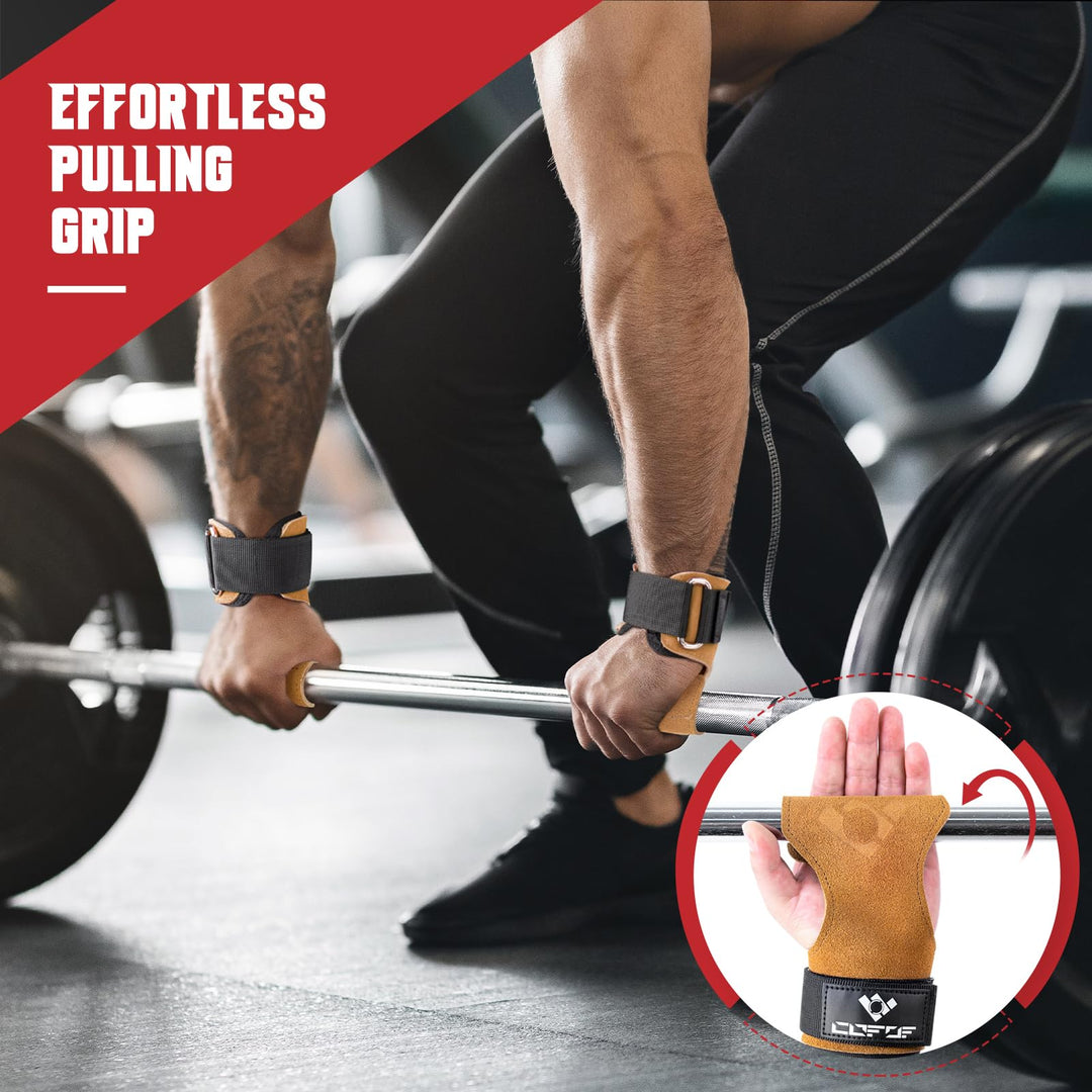 COFOF Weight Lifting Wrist Strap,Double Layer Leather Weightlifting Wrist Strap for Deadlift and Powerlifting, Adjustable Neoprene Padded Gym Workout Lifting Wrist Hooks for Men/Women(Pair)