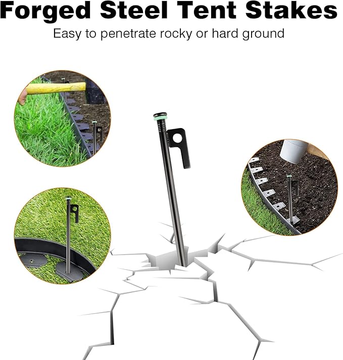 8 Pack Tent Stakes Heavy Duty Metal Tent Pegs with 10in Steel Tent Stakes+Fluorescent Silicone Rings+Special Bag for Camping Used on Rocks, Grassland (10in - 8 Pack)
