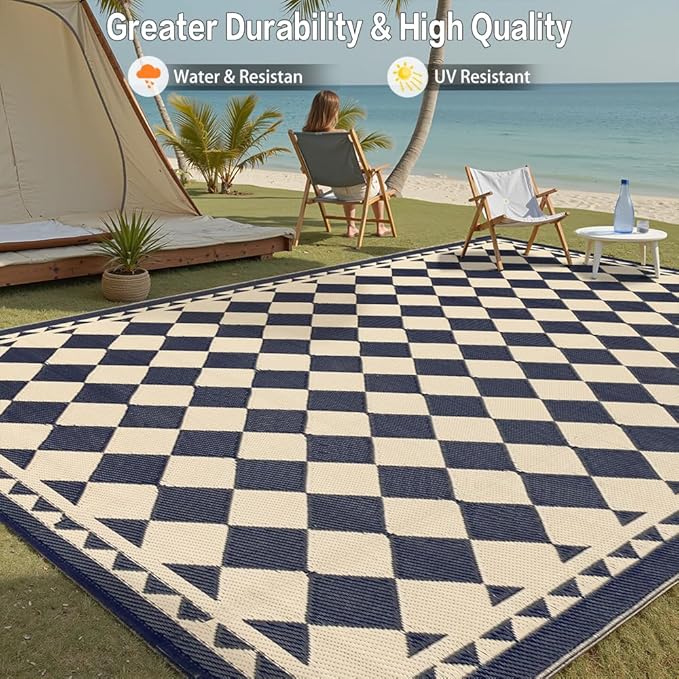 Outdoor Rug for Patios Clearance,Waterproof Mat,Large Outside Carpet,Reversible Plastic Straw Camping Rugs,Rv,Porch,Deck,Camper,Balcony,Backyard (8x10,Checkered/Black&Beige)