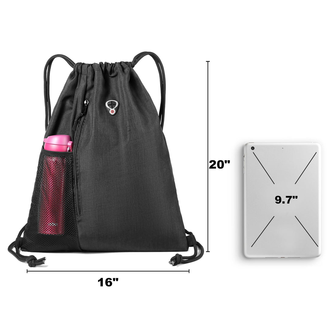 BeeGreen Mix Black Drawstring-Backpack-Gym-Bag, Large Sports Bag For Women W Water Bottle Pocket &Front Zippered Pocket, String Sackpack For Traveling Yoga Beach Outdoor