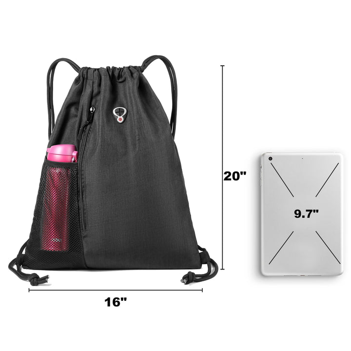 BeeGreen Mix Black Drawstring-Backpack-Gym-Bag, Large Sports Bag For Women W Water Bottle Pocket &Front Zippered Pocket, String Sackpack For Traveling Yoga Beach Outdoor