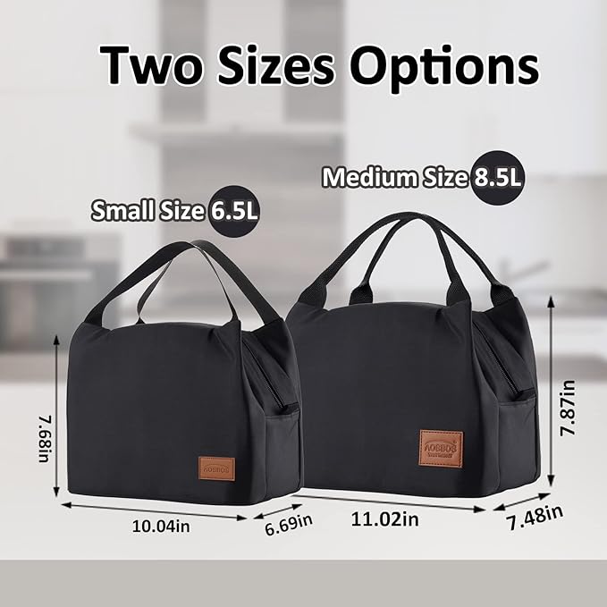 Aosbos Black Lunch Bag Women Insulated Lunch Box for Women Lunch Bags for Adult Lunchbox Lunch Tote Bento Box Cooler Bag for Work Office Picnic Loncheras Para Hombres Mujer