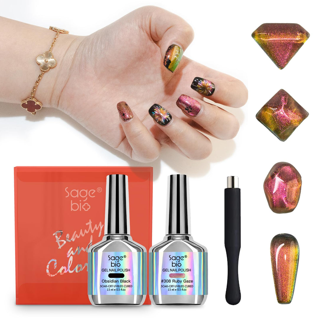 SAGEBIO 9D Cat Eye Gel Nail Polish Set, 15ml Black + 15ml Ruby Gaze Cat Eye Gel, Includes Silicone Handle Cylinder Magnetic Stick for Mesmerizing 9D Effects