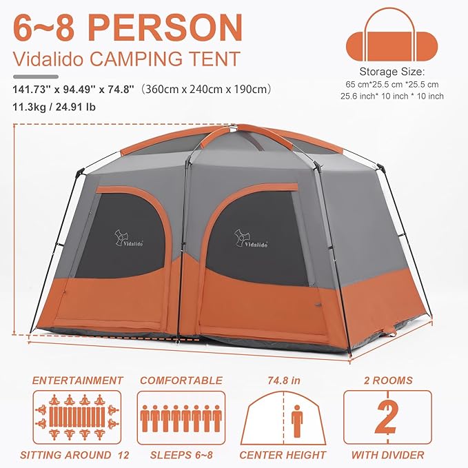 Vidalido Tents，6-8 Person Camping Tent with Extended Vestibule，2 Room Weather Resistant Family Tents，Easy Install Waterproof Outdoor Tent for Backpacking and Camping Hiking