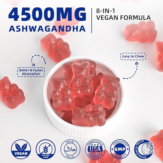 Ashwagandha Gummies for Women & Men： Ashwagandha Herbal Supplement for Stress Relief Immune Support and Calm Mood Vegan Gluten-Free Non-GMO 60 Gummies