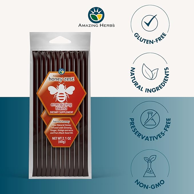 Amazing Herbs Raw Natural Honey - Herbal Honey Infused with Ginseng, Ginger, Ginkgo Extracts & Pure Black Seed Oil, Non GMO, Gluten Free Immune Booster - Honeyzest Energizing Straws, 12 Count
