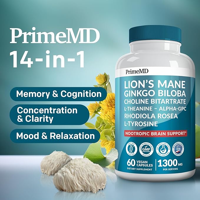 14-in-1 Lions Mane Supplement Capsules - Nootropic Brain Supplement with Ginkgo Biloba for Brain Support, Memory and Focus - Alpha GPC, L Theanine & Choline Supplements with 1300mg Per Serving (60 ct)