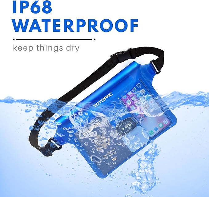 2-Pack Waterproof Fanny Pack, Phone Pouch with Waist Strap, 9x6.7 Inch Dry Bag for Phone, Cash, and Valuables – for Swimming, Kayaking, Boating, Snorkeling, and Water Sports (2, Blue + Blue)
