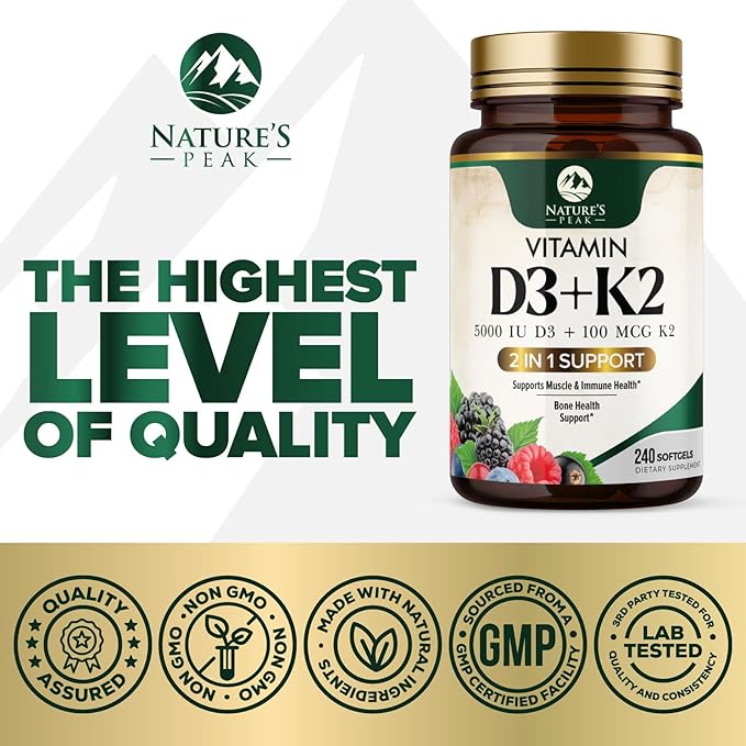 Vitamin D3 K2 Supplement | 5000 IU Vitamin D3 & 100 mcg Vitamin K2, 2 in 1 Vitamin D with K2 Complex Softgels, Support Immune, Heart, Joint, Teeth & Bone Health, Easy to Swallow, Non-GMO, 240 Softgels