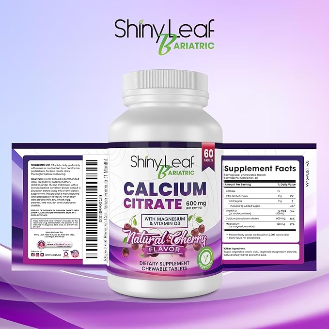 Shiny Leaf Bariatric Calcium Citrate Chews - 600mg, with Vitamin D 3 Plus Magnesium - Chewable Supplements for Women and Men, Bariatric Patients Vitamins for Bone and Joints Health, 240 Count, Cherry