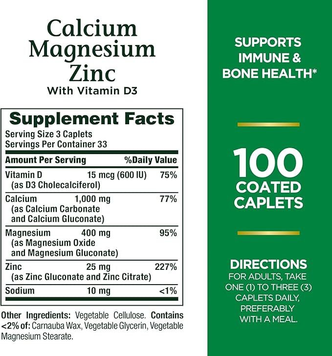 Nature's Bounty Calcium Magnesium & Zinc Caplets, Immune & Supporting Bone Health, 100 Count (Pack of 2)