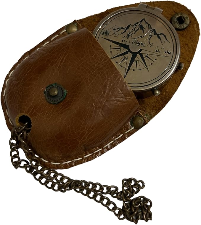 Antique Brass Compass with Detachable Chain & Carrying Case – Vintage Nautical Navigation Tool for Outdoor Hiking, Survival, and Travel – Gift for Collectors and Adventurers
