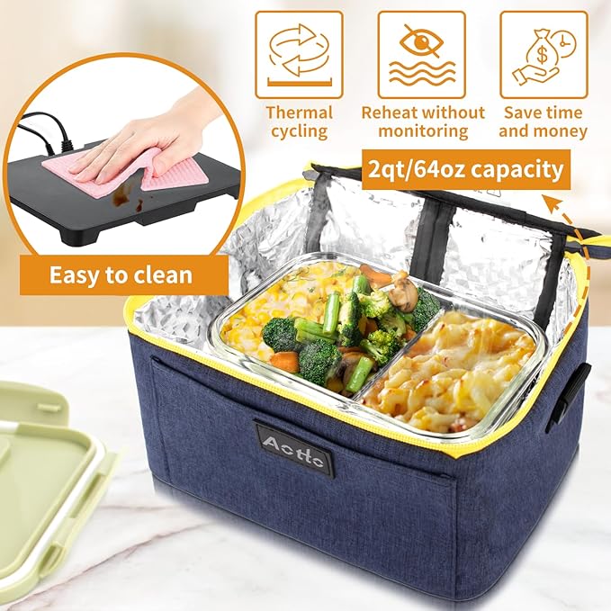 Aotto Portable Electric Lunch Box Food Heater, 12V/24V/110V 3-in-1 Car Food Warmer Heated Lunch Box for Adults, Cook, Reheat & Keep Meals Warm for Car, Truck, Travel, Work, Home - Navy Blue