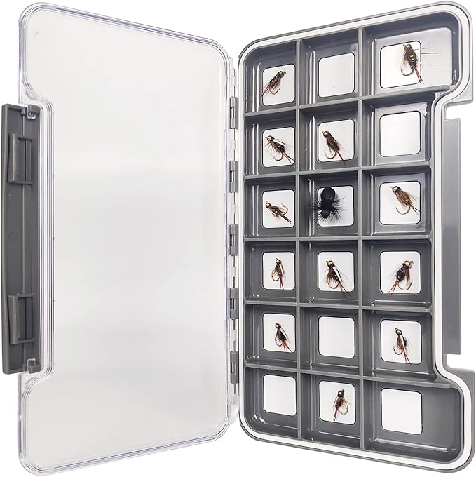 Waterproof Fly Fishing Boxes Supper Slim Fishing Tackle Storage Transparent Easy Grip Foams Multi Magnetic Compartments Fishing Tackle Storage Trags 7.36"X4.02"X0.63"(Grey-18C)