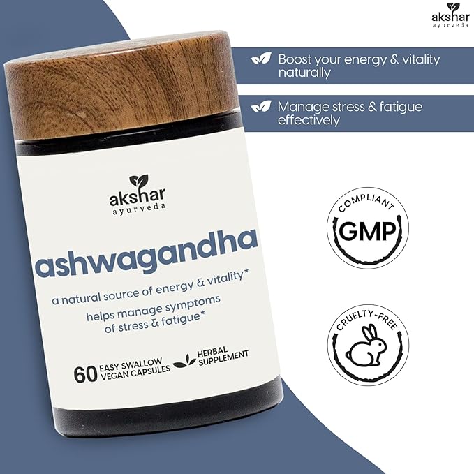 AKSHAR Ayurveda - Ashwagandha Capsules with Ashwagandha Root Extract and Powder - Adaptogenic Herbal Support - Vegan Cruelty-Free Ashwagandha Supplements (60 Count)