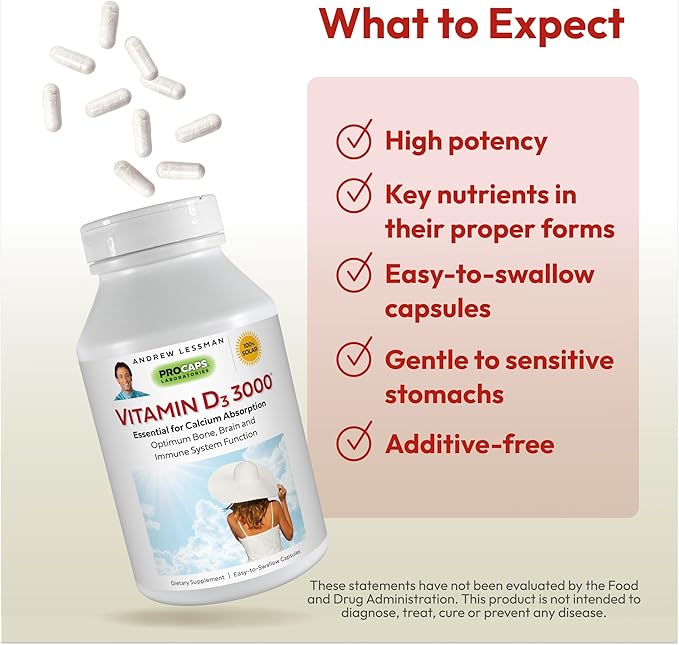 ANDREW LESSMAN Vitamin D3 3000 IU 180 Capsules - High Potency, Essential for Calcium Absorption, Supports Bone Health, Healthy Muscle Function, Immune System, More. Small Easy to Swallow Capsules