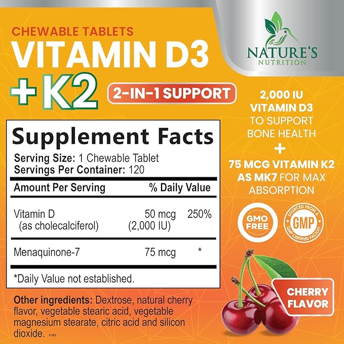 Vitamin D3 K2 2000 IU Plus with K2 (MK-7) 75 mcg - Vitamins D & K Complex Supplement for Bone, Teeth, Muscle, Calcium Absorption, Supports Immune & Heart Health, Non-GMO Chewable Formula - 120 Tablets