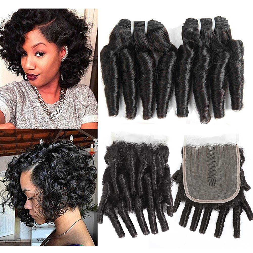 Molefi Brazilian Funmi Hair Bundles With 4X2 T Lace Closure Curly Weave 2 Bundles With Closure Spiral Curl Hair 100% Human Hair