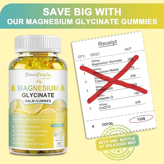 Magnesium Glycinate Gummies 400mg - Sugar Free Magnesium Potassium Supplement with Magnesium Malate, Vitamin D, B6, and CoQ10 for Calm Support & Sleep for Adults - Lemon Gummies