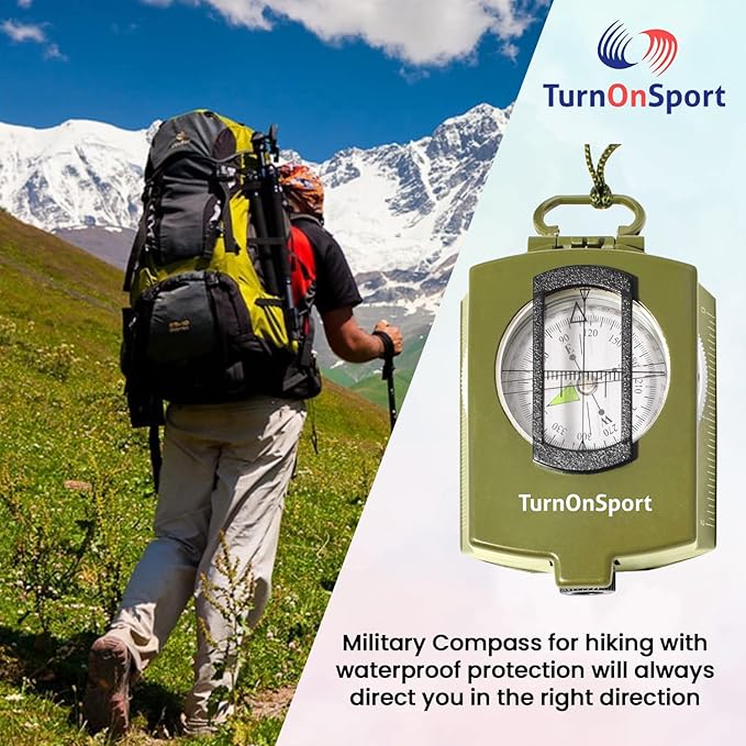 TurnOnSport Lensatic Military Compass - Tritium Compass with Pouch for Hiking, Camping, Backpacking & Survival Navigation