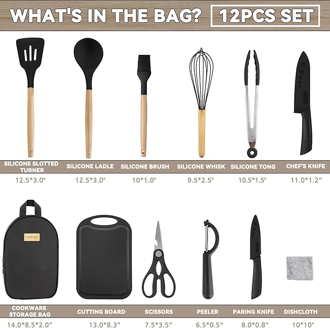 12PCS Camping Accessories Kitchen Cooking Utensils Set - Portable Outdoor Camp Cookware Set, Silicone Camper Essentials Gear Must Have Supplies for Travel RV BBQ Grill Picnic Hiking