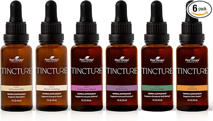 Plant Therapy Organic Tinctures Beginner Set 30 mL Each of Organic Ashwagandha, Asian Ginseng, Echinacea Blend, Elderberry, Lemon Balm & Turmeric