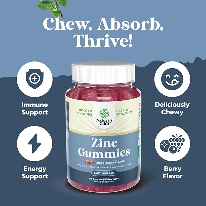 Extra Strength Zinc Gummies for Adults - Chewable Zinc Supplements for Women & Men for Energy & Immune Support - Vitamins & Mineral Supplements - 120 Chews
