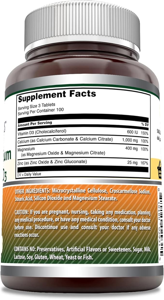 Amazing Formulas Calcium Magnesium Zinc D3 - 300 Tablets Per Bottle Supplement (Calcium 1000mg - Magnesium 400mg - Zinc 25mg Plus Vitamin D3 600 IU - Per Serving of 3 Tablets)