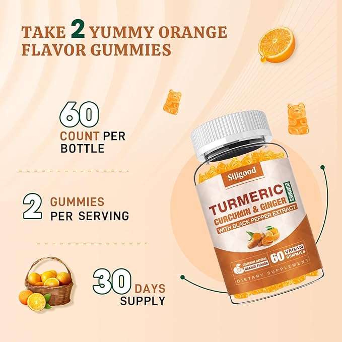 Turmeric Curcumin Gummies with Ginger and Black Pepper Herbal Supplement, Immune Support, Healthy Skin, and Joint Health, for Women, Men and Kids - 60 Orange Flavored Gummies