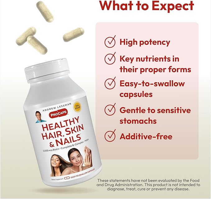 ANDREW LESSMAN Healthy Hair, Skin and Nails 120 Capsules - 5000 mcg High Bioactivity Biotin, B-Complex. Promotes Beautiful Skin, Strong Nails. No Additives Hair Growth Vitamins Biotin Supplement