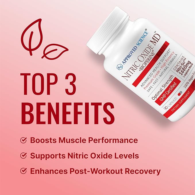 Approved Science Nitric Oxide MD - Muscle Development, Lean Body Mass, Improve Oxygen Supply, Boost Energy - 90 Capsules - 1 Bottle