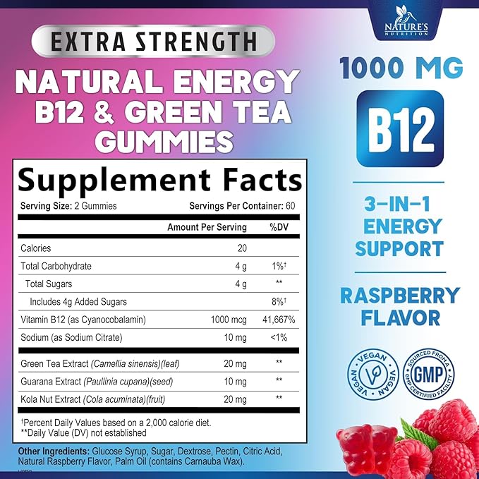 Energy Gummies Vitamin B12 1000 mcg, Green Tea Natural Caffeine Support, Extra Strength Daily Energy Vitamins, Delicious Berry Flavor Gluten Free Chewable Supplement for Cycling & Running - 120 Chews