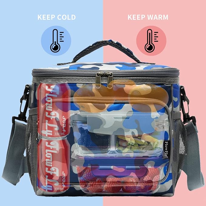 FlowFly Insulated Reusable Lunch Bag Adult Large Lunch Box for Women and Men with Adjustable Shoulder Strap,Front Zipper Pocket and Dual Large Mesh Side Pockets,BlueCamo
