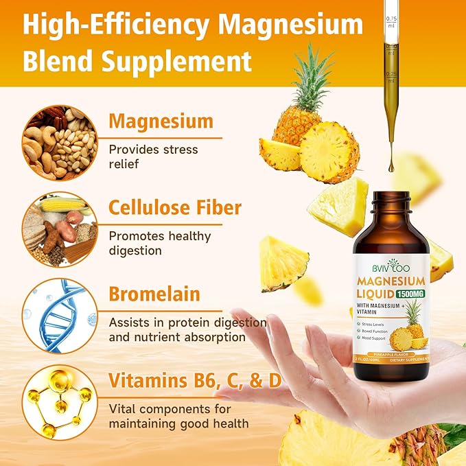 Magnesium Glycinate Liquid, High Absorption Magnesium Liquid Drops with Cellulose Fiber, Bromelain, Vitamins B6 C D & Zinc, Magnesium Supplement for Adults & Kids, Pineapple Flavor - 2 Fl Oz