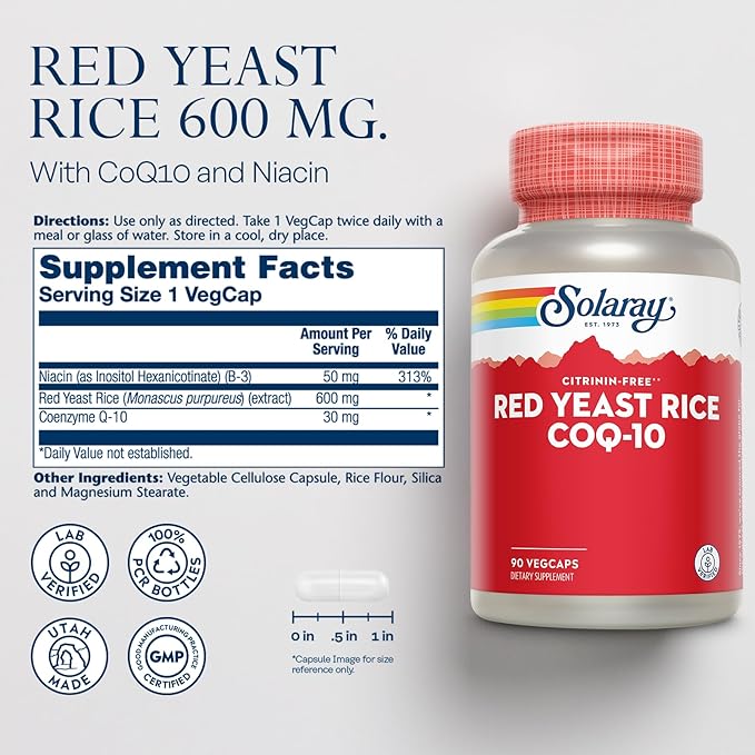 SOLARAY Red Yeast Rice with CoQ10 and Niacin (Vitamin B3) - Non-Irradiated Red Yeast Rice Plus CoEnzyme Q10 - Citrinin Free - 60-Day Guarantee, Lab Verified, 90 Servings, 90 VegCaps