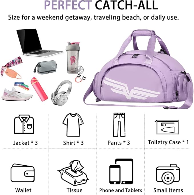 FIORETTO 30L Sports Gym Duffle Bag with Wet Pocket & Shoe Compartment, Weekender Hospital Overnight Bag for Women, Sports Holdall Backpack