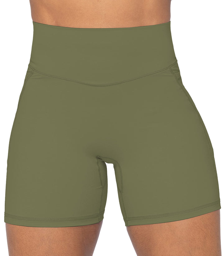 Sunzel No Front Seam Biker Shorts for Women with Pockets, Yoga Workout Gym Bike Shorts with Tummy Control 5" Olive Green X-Small