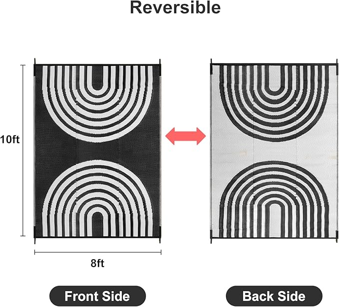Anidaroel Outdoor Area Rug for Patio Clearance 8x10ft Waterproof, Reversible Plastic Straw Rug Outside Rug, RV Mat for Camping, Porch, Balcony, Pool Deck(Black&White, 8‘x10')