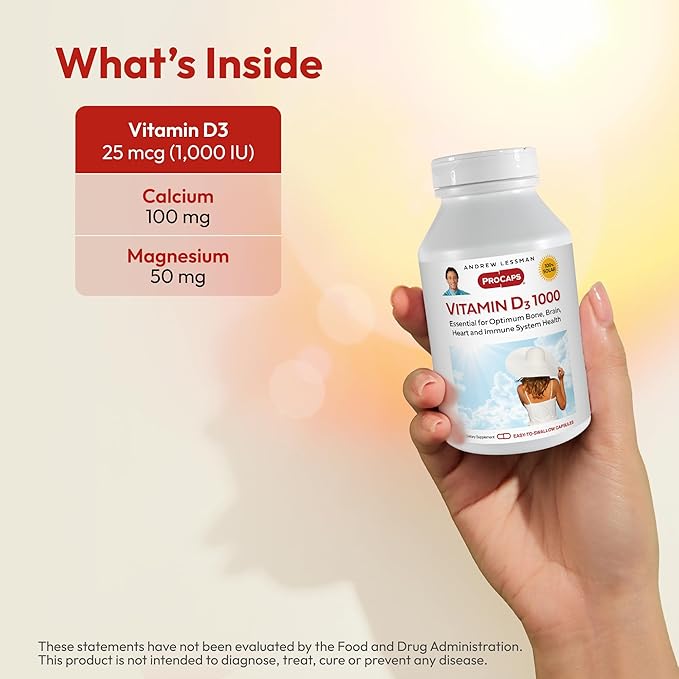 ANDREW LESSMAN Vitamin D3 1000 IU 360 Capsules - High Potency, Essential for Calcium Absorption, Supports Bone Health, Healthy Muscle Function, Immune System, More. Small Easy to Swallow Capsules