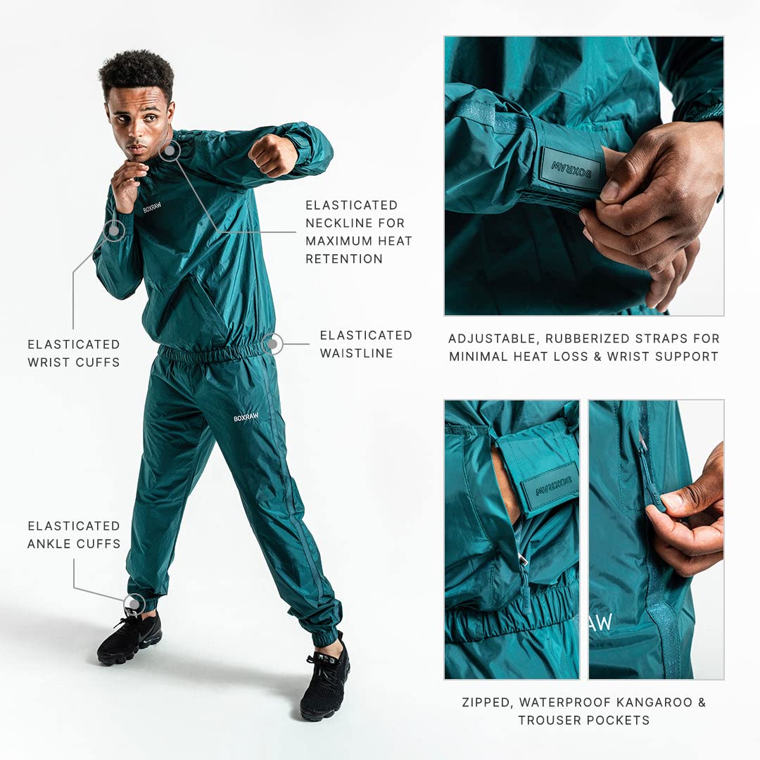 BOXRAW Hagler Professional Sauna Suit Top & Bottoms Non Rip Sweat Suit Boxing MMA Training Gym (Green - XL)