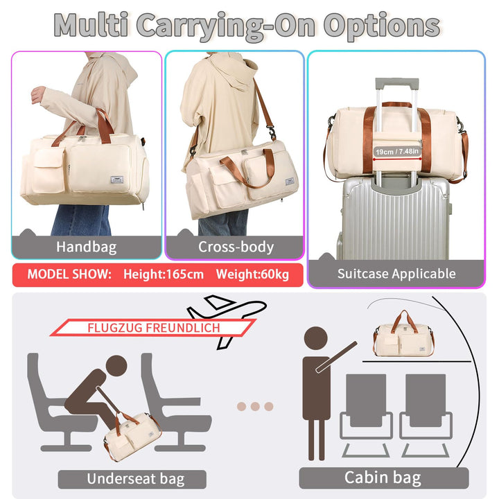 FIORETTO Women's Water-Resistant Gym Duffle Bag with Shoes Compartment, 37L Capacity, Multi-Functional, Ideal for Travel, Gym, Sports, Weekender, Beige & Brown