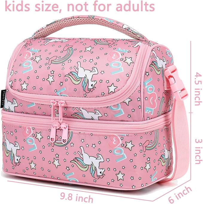 FlowFly Double Decker Cooler Insulated Lunch Bag Large Tote for Boys, Girls, Men, Women, With Adjustable Strap (Red-Unicorn)