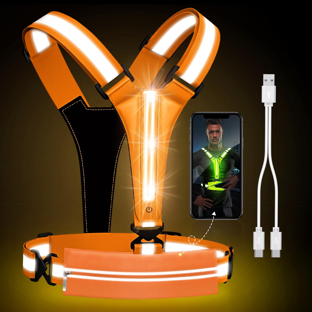 Ylzzrs LED Reflective Vest Running Gear, USB Rechargeable Light Up Running Vest Chest Phone Holder for Runners Night Walking,6-11hrs Light Adjustable Waist/Shoulder for Women Men Kids (Orange)