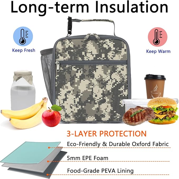 Lunch Box for Kids Boys Girls Men Women, Insulated Small Soft Cooler Lunch Bag Kit for School Work Picnic Travel - Reusable Portable lunchbox,Grey Camouflage