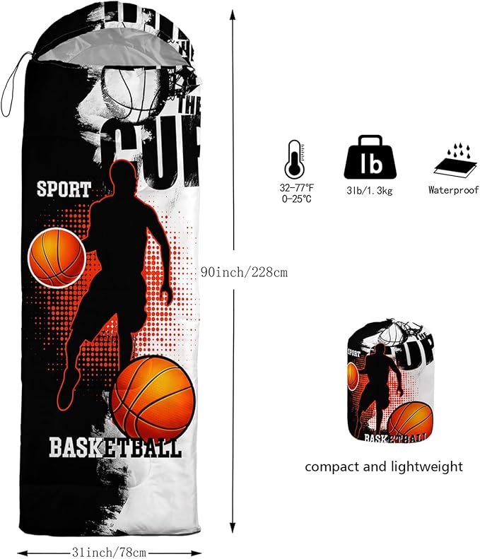 AILONEN Boys Sports Camping Sleeping Bags,Lightweight & Waterproof,3 Season Warm & Cool Weather,Black Player Basketball Sleeping Bags for Kids Adults,Travelling,Outdoors