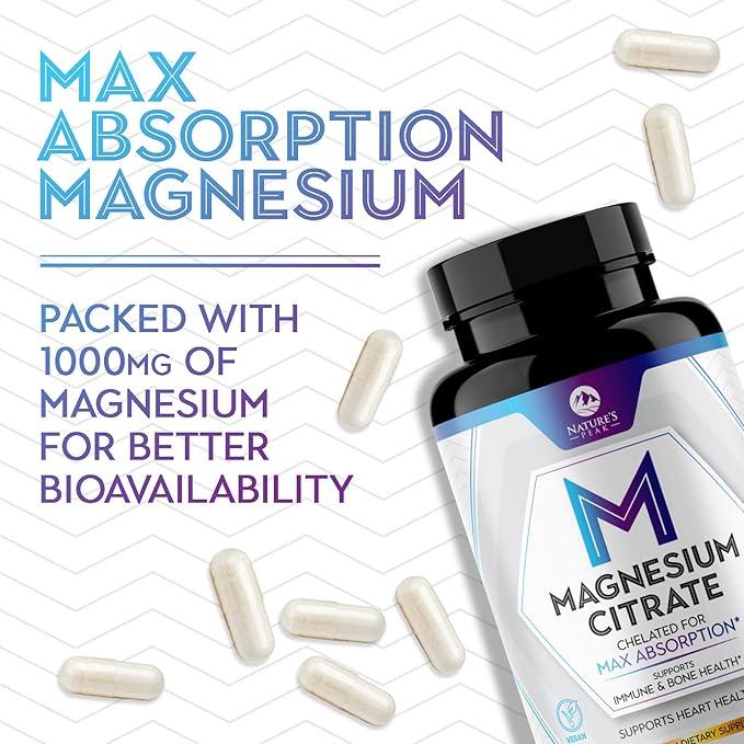 Magnesium Citrate Extra Strength 1000 mg - High Absorption Magnesium Supplement for Muscle, Bone, Nerve & Heart Health Support, Magnesio Vitamin Pills, Non-GMO, Nature's Premium Formula - 180 Capsules